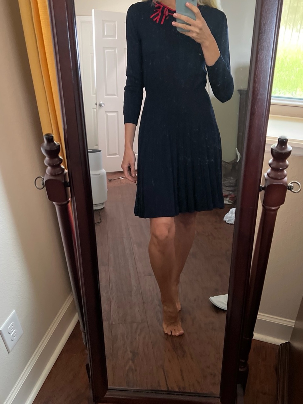 Draper James Black Long-Sleeve Pleated Dress with Red Neck Bow